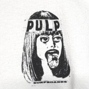 Pulp Surfboards Graphic Hoodie White Gildan‎ Heavy Blend Size L Distressed Cuffs